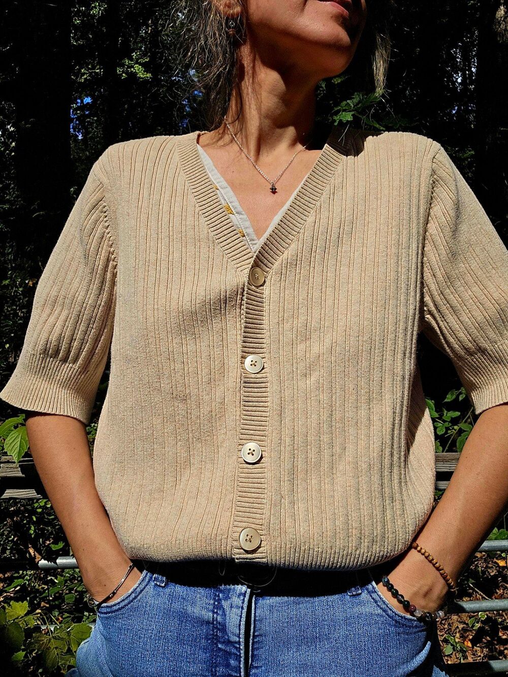Cotton Ribbed Cardigan Neutral Short Sleeve Sweater Beige Rib Knit V-Neck